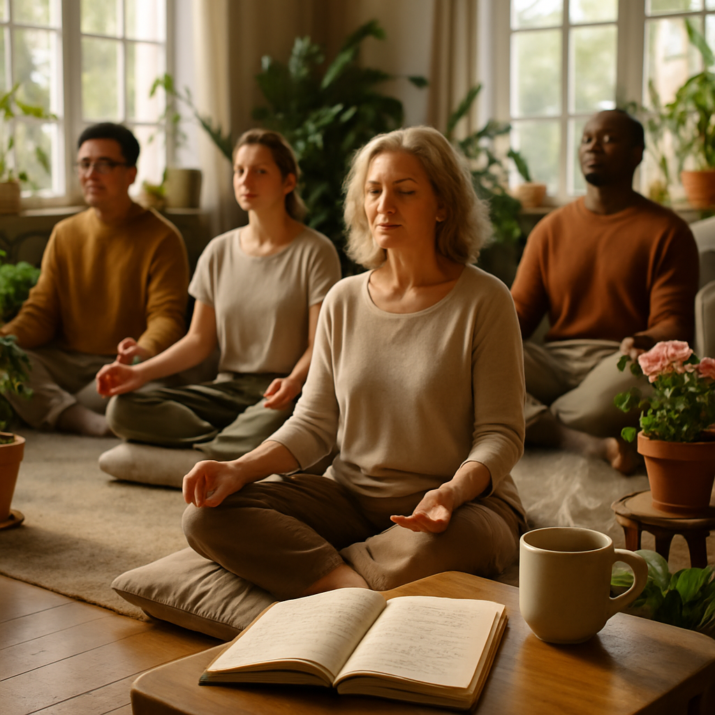 Calm person meditating with positive energy waves around
