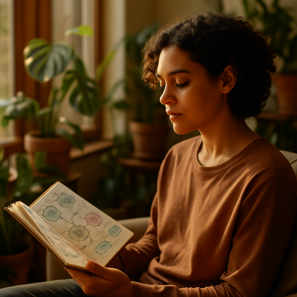 Person reflecting thoughtfully with colorful brain icons around